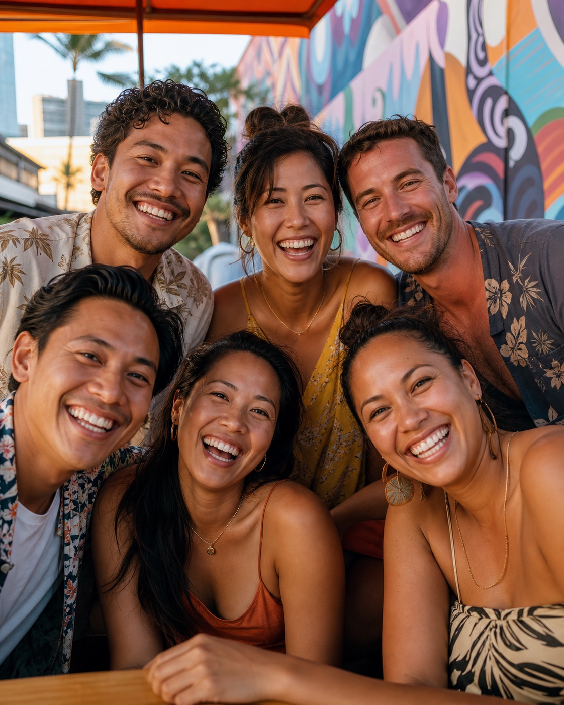 A diverse group of friends laughing together in Kakaʻako
