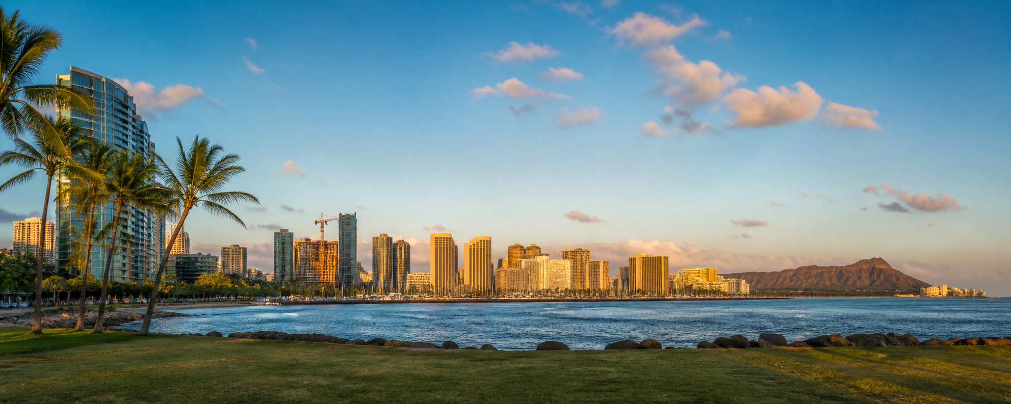 Honolulu skyline and Diamond Head viewed from Kakaʻako Waterfront Park